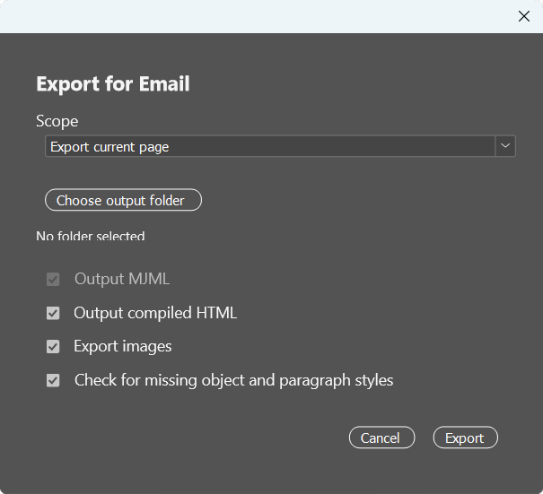 email export dialog for indesign